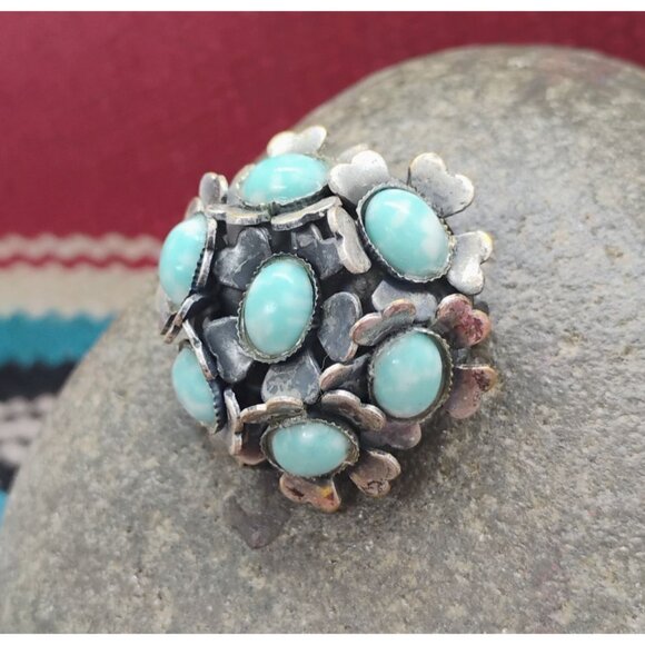 Vtg Sterling Silver Glass Turquoise Robins Egg Blue Flower Brooch Pin 1" - Picture 3 of 6